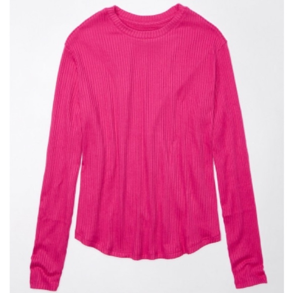 American Eagle Long-Sleeve Ribbed Crew Neck Tee Pink XS